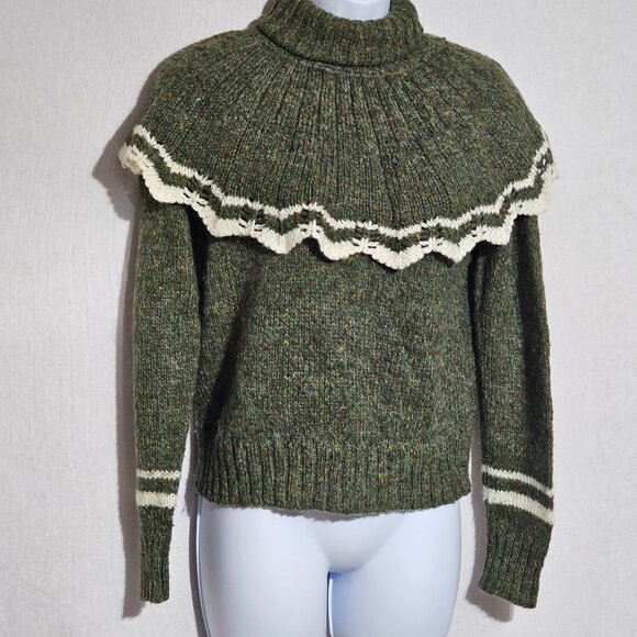 Vintage Duet Creations Hand Wash Green Knit Sweater With Lace Trim & Striped Sle - Picture 2 of 9